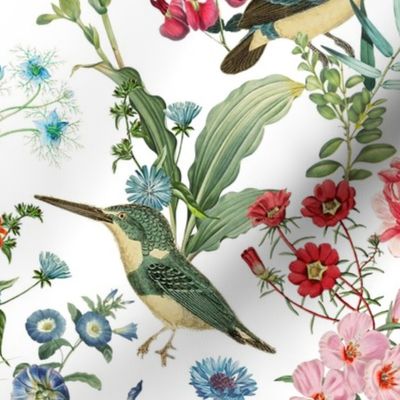 Blue Kingfishers Birds and Exotic Flowers Vintage Pattern, Kingfisher Fabric, Vintage Fabric, on white- double layer