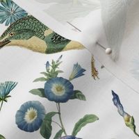 Blue Kingfishers Birds and Exotic Flowers Vintage Pattern, Kingfisher Fabric, Vintage Fabric, on white- double layer