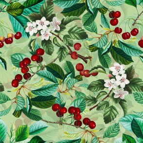 Stone Fruit - Cherry Blossoms And Cherries Summer Magical Garden on Green double layer