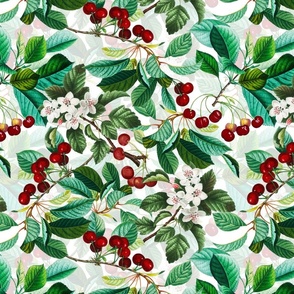 Stone Fruit - Cherry Blossoms And Cherries Summer Magical Garden White double layer