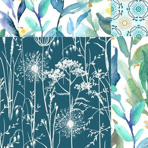 6'' Patchwork wildflowers & Watercolor Leaves Teal Blue Dandelions Herbs