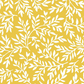 white on mustard yellow swirling leaves | large scale