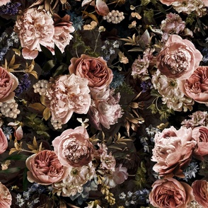 nostalgic Baroque Antique Roses Peonies Real Flowers Peach Dark Moody Floral Night