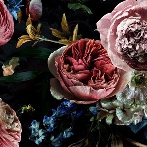 Baroque Antique Roses Peonies Real Flowers Dark Moody Floral Moonlight,