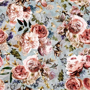 Baroque Antique Roses Peonies Real Flowers nostalgic Teal, English Rose fabric 