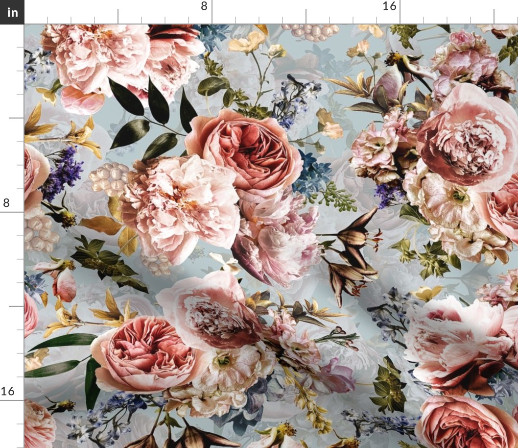 Baroque Antique Roses Peonies Real Flowers nostalgic Teal, English Rose fabric 