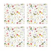 Watercolor hand drawn Late Summer WildFlowers Garden Flowers And Butterflies 2 - White