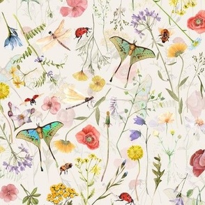 Watercolor hand drawn Late Summer WildFlowers Garden Flowers And Butterflies 2 - Blush double layer