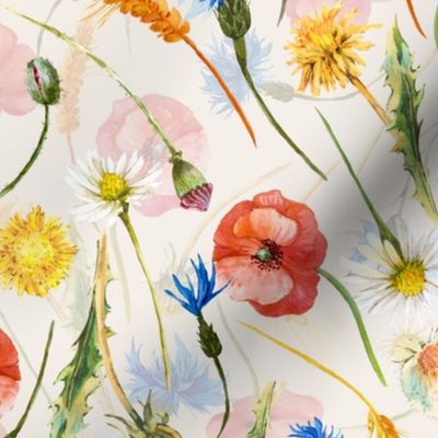 Happy Vintage  wildflowers  Summerfield With poppys cornflowers daisies and dandelions  on blush
