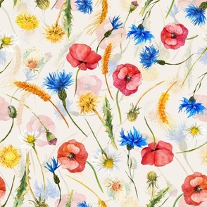 Happy Vintage  wildflowers  Summerfield With poppys cornflowers daisies and dandelions  on blush