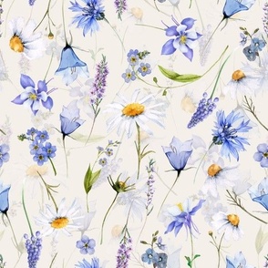 Simply Watercolor Wildflowers Cornflowers And Daisies Scandi Hygge Meadow  on blush