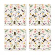 Watercolor Bees and Flowers - Geometric Wildflowers - blush double layer