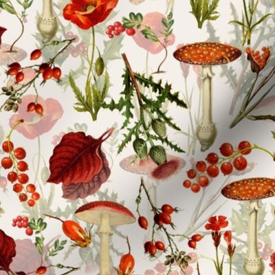 vintage botanical wildflowers fungus Psychadelic  Mushroom Wallpaper and berries on nostalgic blush