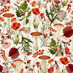 vintage botanical wildflowers fungus Psychadelic  Mushroom Wallpaper and berries on nostalgic blush