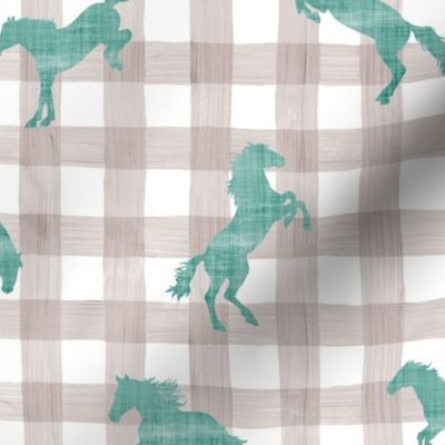 horse teal grey gingham