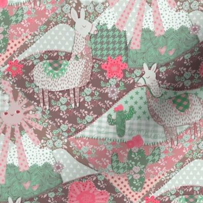 Boho llama patchwork green pink brown