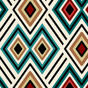 Teal, Red and Ochre Tribal Diamonds_Tile_4280
