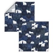 Sashiko Cat Party- White and Blue Large-Japanese Patchwork- Geometric Embroidery Cats-Navy- Indigo- Blue- Home decor