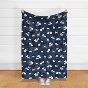 Sashiko Cat Party- White and Blue Large-Japanese Patchwork- Geometric Embroidery Cats-Navy- Indigo- Blue- Home decor