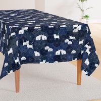 Sashiko Cat Party- White and Blue Large-Japanese Patchwork- Geometric Embroidery Cats-Navy- Indigo- Blue- Home decor