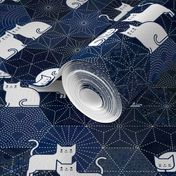 Sashiko Cat Party- White and Blue Large-Japanese Patchwork- Geometric Embroidery Cats-Navy- Indigo- Blue- Home decor