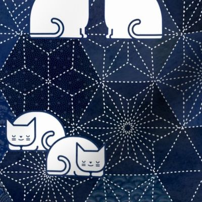 Sashiko Cat Party- White and Blue Large-Japanese Patchwork- Geometric Embroidery Cats-Navy- Indigo- Blue- Home decor