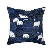 Sashiko Cat Party- White and Blue Large-Japanese Patchwork- Geometric Embroidery Cats-Navy- Indigo- Blue- Home decor