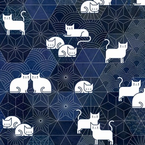 Sashiko Cat Party- White and Blue Large-Japanese Patchwork- Geometric Embroidery Cats-Navy- Indigo- Blue- Home decor