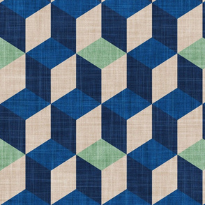 Large jumbo scale // Geometric tiles inspiration 6 // jade green greige classic and midnight blue cubes