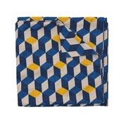 Large jumbo scale // Geometric tiles inspiration 6 // goldenrod yellow greige classic and midnight blue cubes