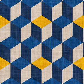 Large jumbo scale // Geometric tiles inspiration 6 // goldenrod yellow greige classic and midnight blue cubes