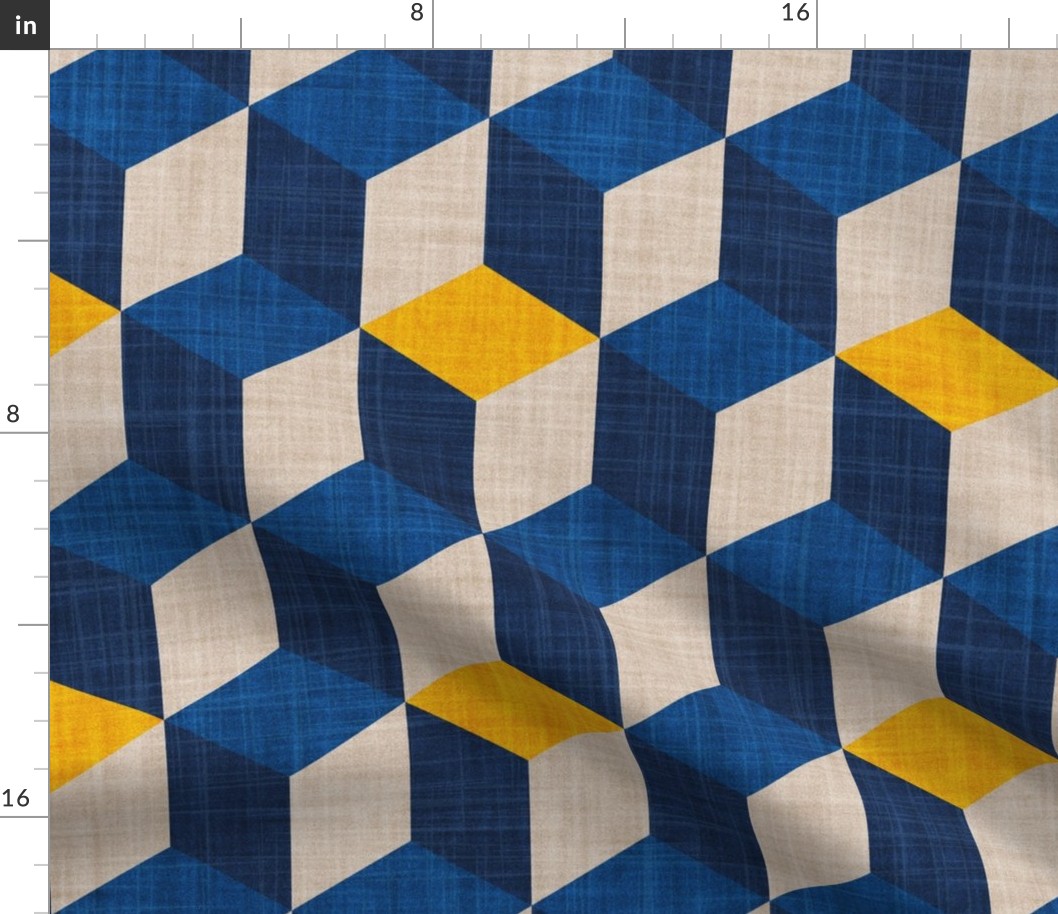 Large jumbo scale // Geometric tiles inspiration 6 // goldenrod yellow greige classic and midnight blue cubes