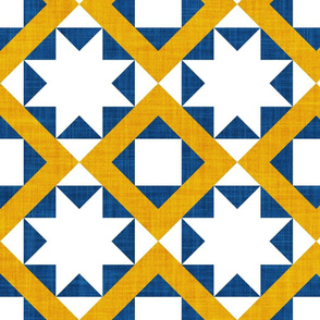 Large jumbo scale // Geometric Portuguese tiles inspiration 7 // white goldenrod yellow and classic blue motifs