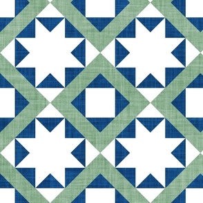Large jumbo scale // Geometric Portuguese tiles inspiration 7 // white jade green and classic blue motifs
