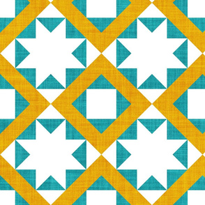 Large jumbo scale // Geometric Portuguese tiles inspiration 7 // white goldenrod yellow and peacock motifs