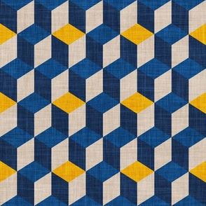 Small scale // Geometric tiles inspiration 6 // goldenrod yellow greige classic and midnight blue cubes