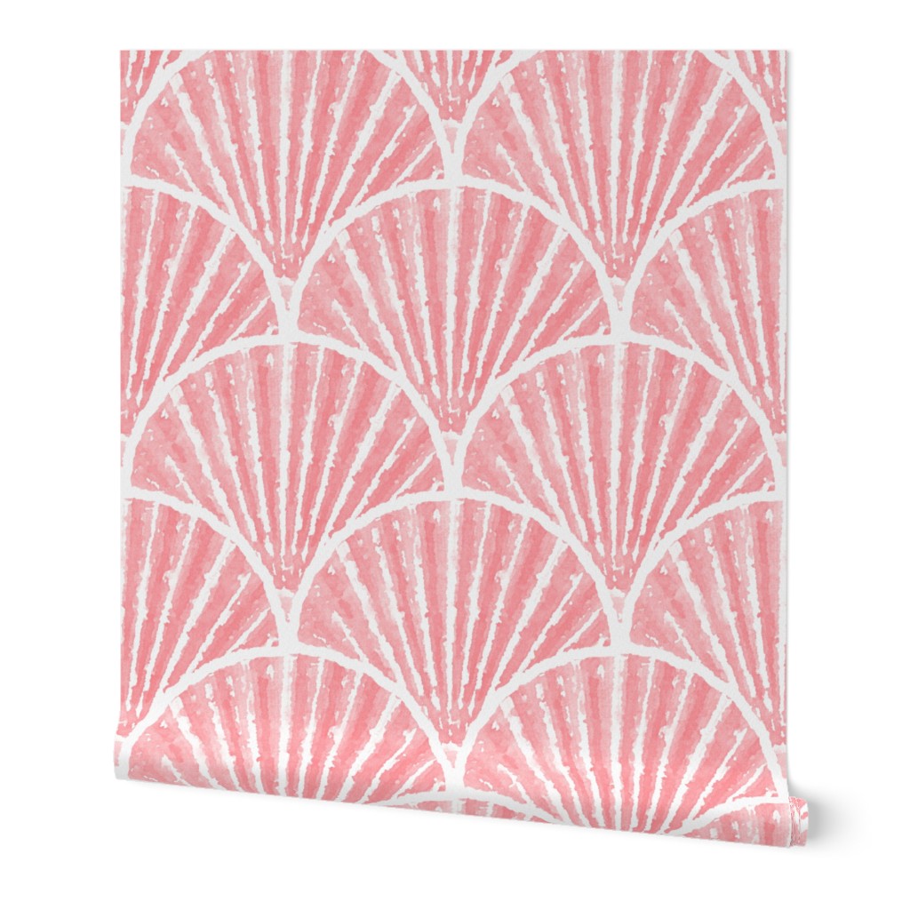 Watercolor Seashell Scallop Pattern in Coral Pink, nautical, coastal, seaside beach summer