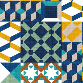 Large jumbo scale // Geometric tiles inspiration patchwork // goldenrod yellow greige copper brown jade green peacock classic and midnight blue