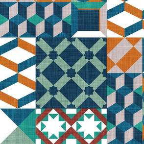 Large jumbo scale scale // Geometric tiles inspiration patchwork // navy blue orange teal grey and green