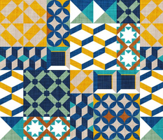 Geometric tiles inspiration patchwork // normal scale // goldenrod yellow greige copper brown jade green peacock classic and midnight blue