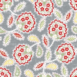 Lilly’s Lace  -  Red/Yellow/Moss on Lt.  Gray Linen 