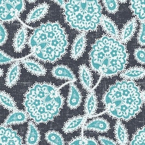 Lilly’s Lace - White/Teal on Dark Gray Linen 