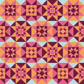 Star Flower - Cheater Quilt - Geometric Floral - Maroon - Apricot - Pink - Quilting Block