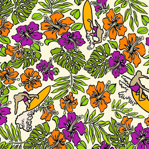 Hawaiian Hibiscus and Surfer Tropical- Violet and Tangerine