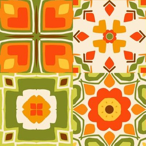 Retro Geometric Floral Pattern Tile Cheater Quilt