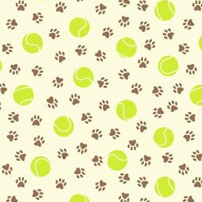 Tennis Balls & Brown Paw Prints on Cream