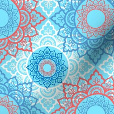 Flower Mandalas in Blue and Coral - Large Scale