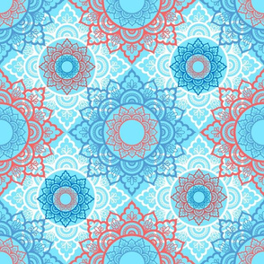 Flower Mandalas in Blue and Coral - Large Scale