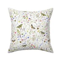 Watercolor hand drawn Late Summer WildFlowers Garden Flowers And Butterflies - Double Layer - white