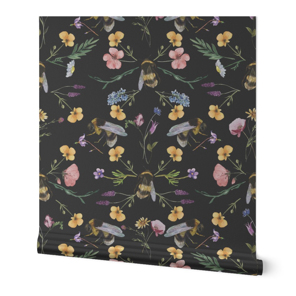 Watercolor Bees and Flowers - Geometric Wildflowers  - black 